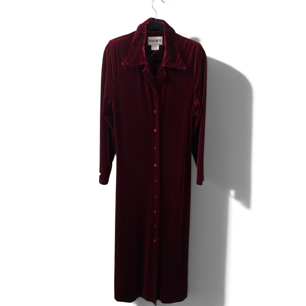 Vintage Y2K Plaza South Burgundy Velvet Maxi Dress Button Front Long Sleeve  12